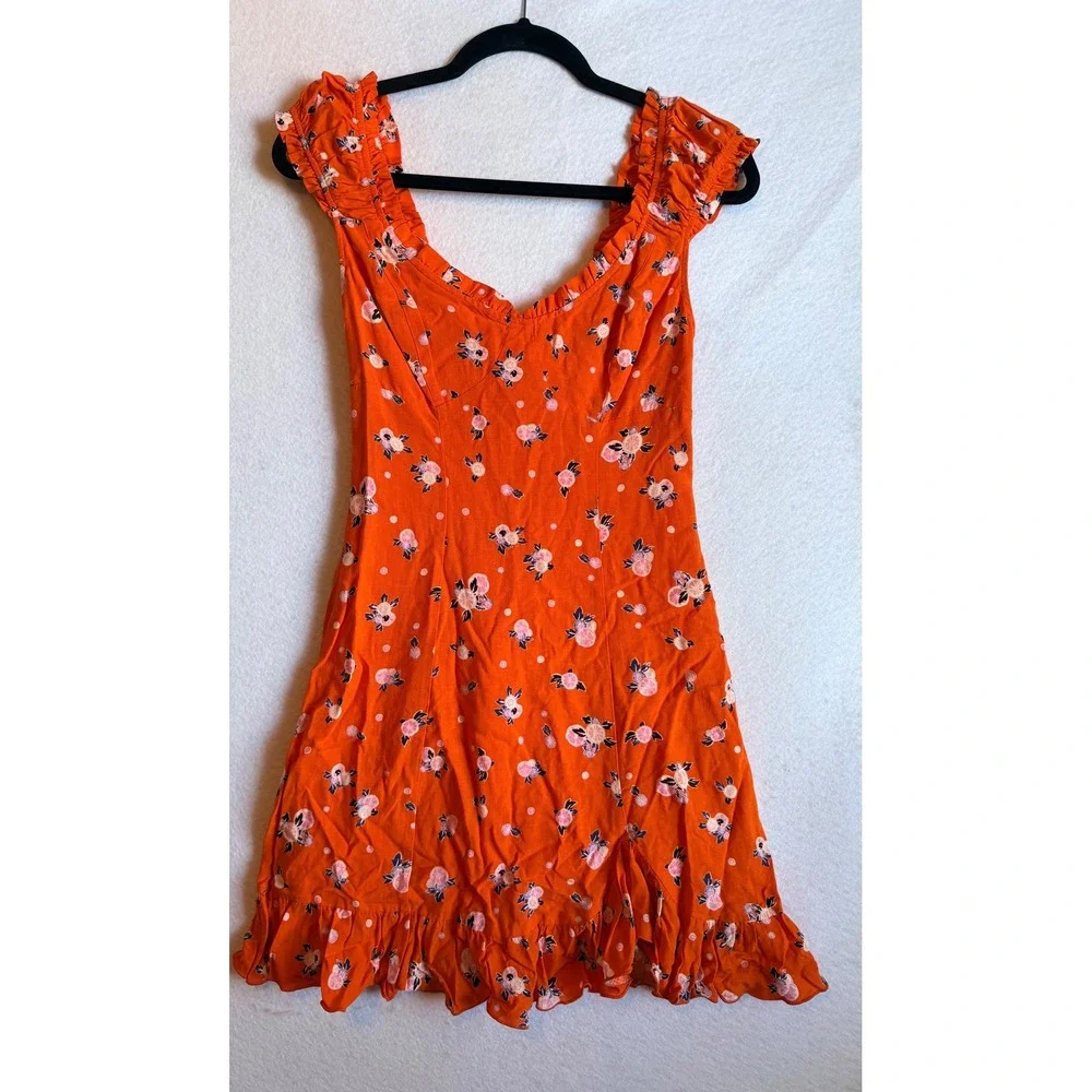 Free People Like A Lady‎ Orange Floral Ruffle Cap Sleeve Tie Back Mini Dress XS